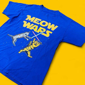 Meow Wars Cat Parody T Shirt Blue Funny Star Wars Style Graphic Tee L